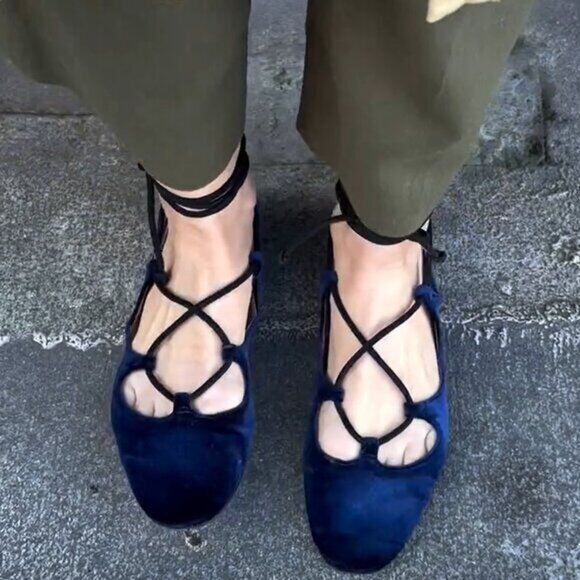 💙 ZARA Velvet Ballet Flats NWT | Ankle Wrap Tie Closure Navy Blue 7.5–9 - Picture 12 of 16